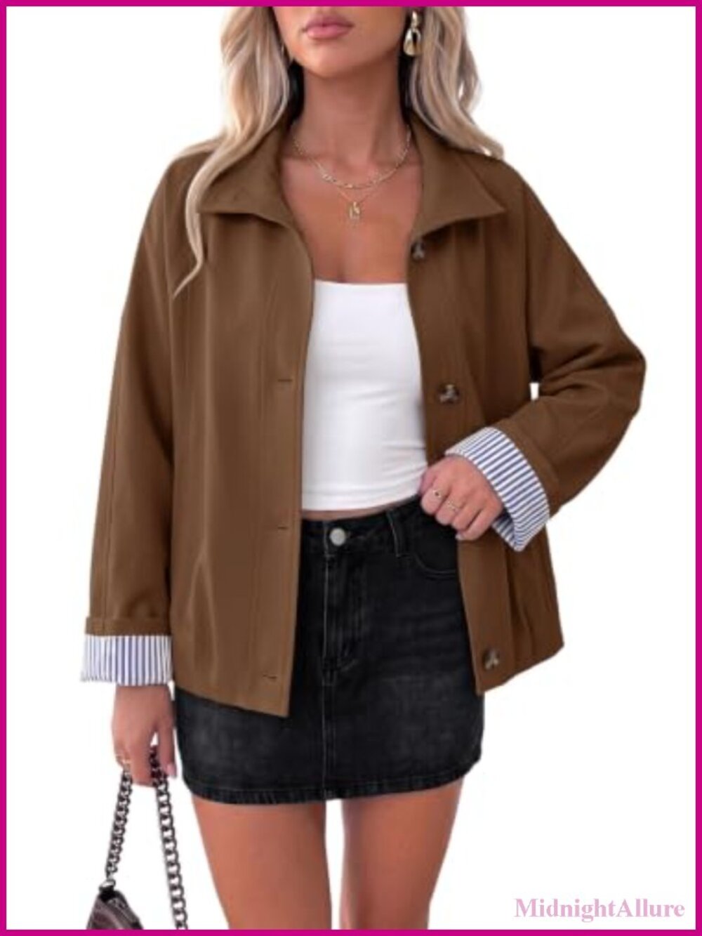 Cropped Trench Coat for Women Striped Lining Lightweight Casual Oversized